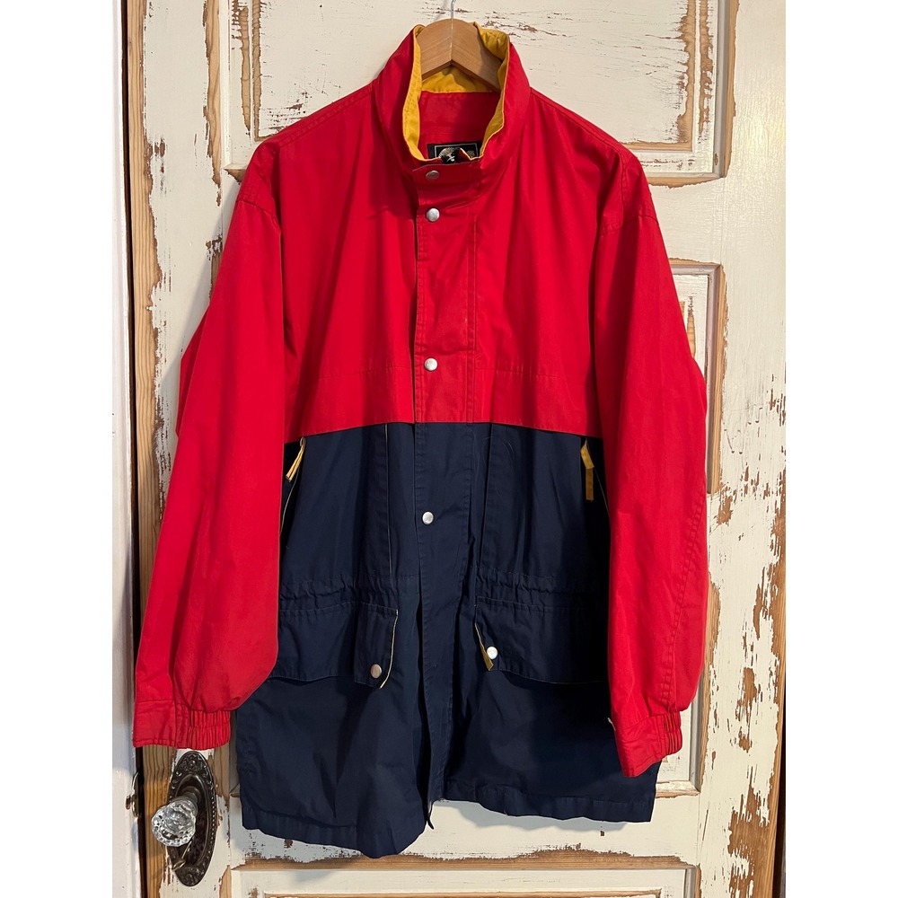 Lakeland Vintage 90s Colorblock Parka Jacket Mens Medium Red Navy Blue Hooded